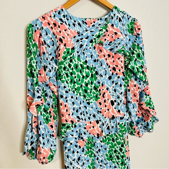 River Island Ruffled Abstract-Print Pastel High-Low V-Neck Wrap Dress. Size 12. - Picture 8 of 14